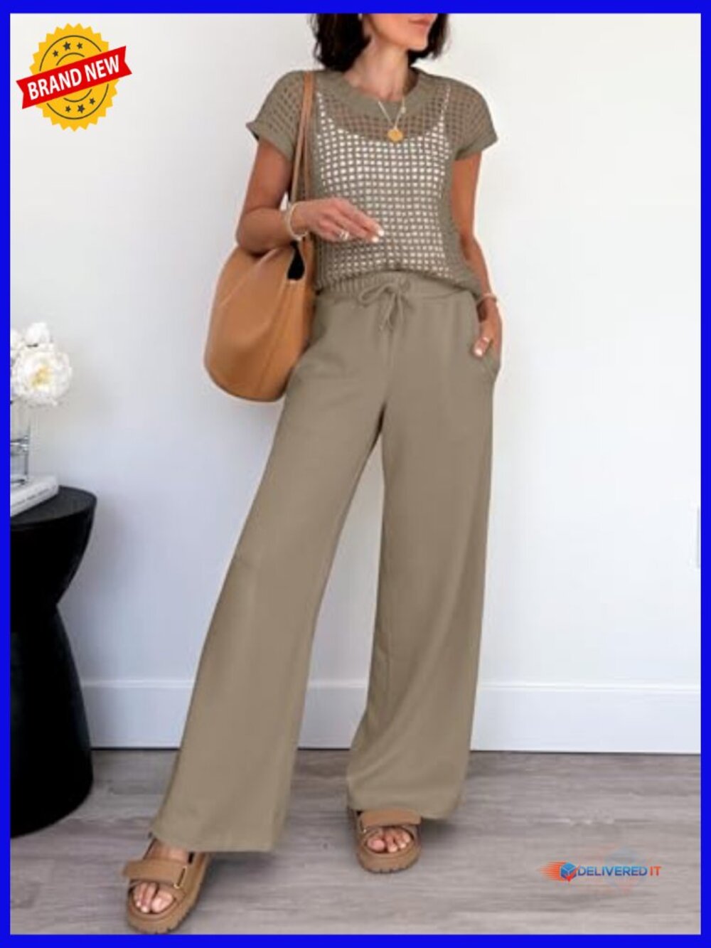 Women's Two Piece Outfits Crochet Sheer Knit Sweater Top Wide Leg Pants Lounge - Picture 5 of 7